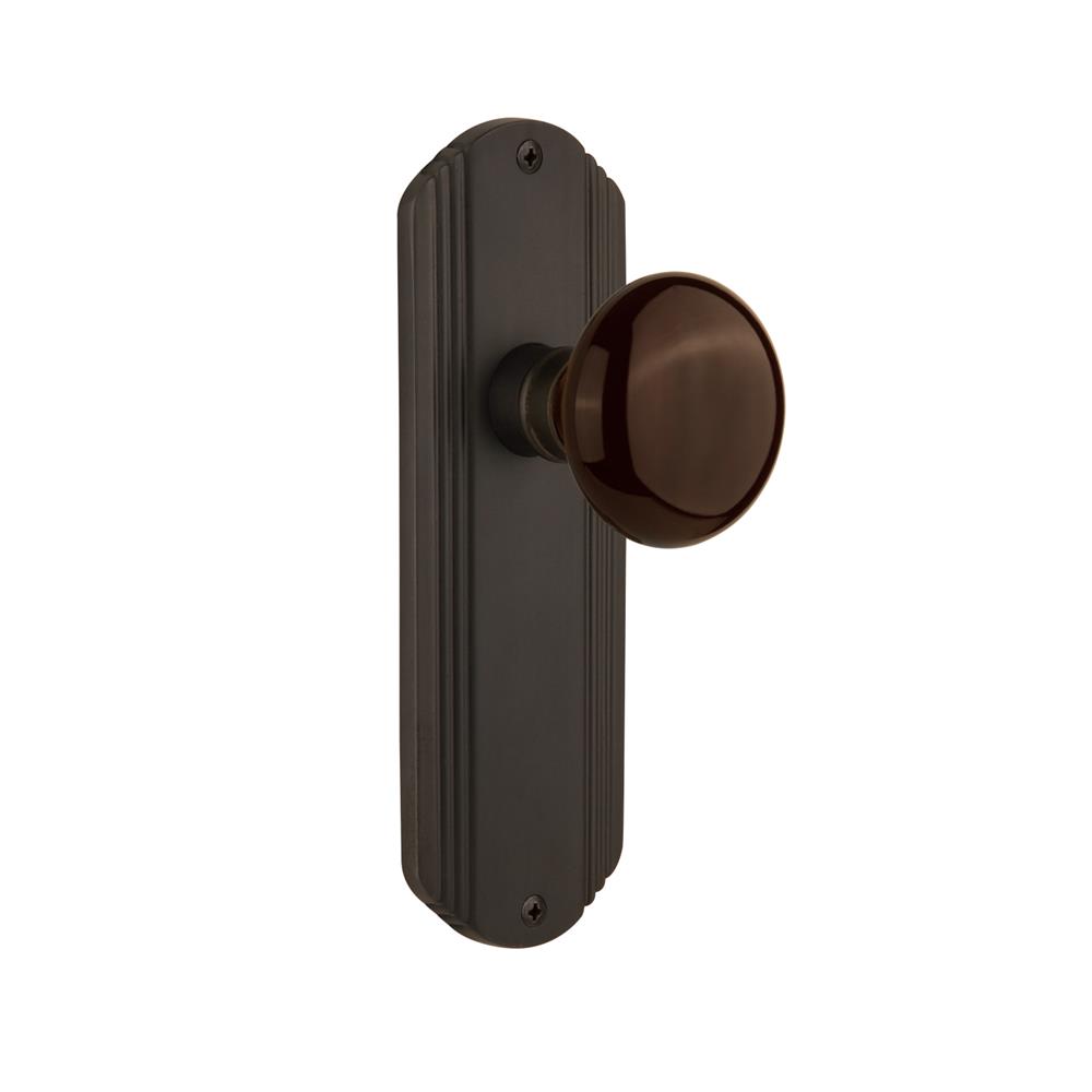 Nostalgic Warehouse DECBRN Complete Passage Set Without Keyhole Deco Plate with Brown Porcelain Knob in Oil-Rubbed Bronze
